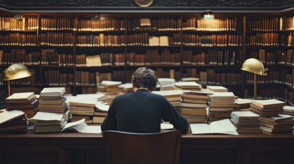 A student sitting at a large wooden desk in a university library, surrounded by piles of open books and taking notes in a quiet, focused environment.