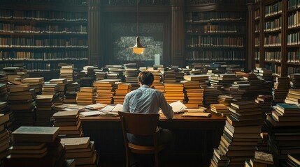 A student sitting at a large wooden desk in a university library, surrounded by piles of open books and taking notes in a quiet, focused environment.