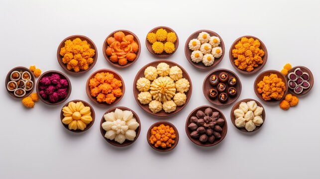 Top view of traditional Indian sweets and savory snacks for festive occasions of Dussehra and Diwali