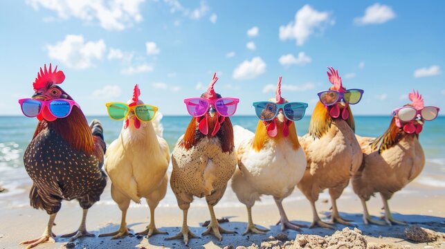 Chickens wearing colorful sunglasses, posing on a sunny beach, fun summer vibes concept