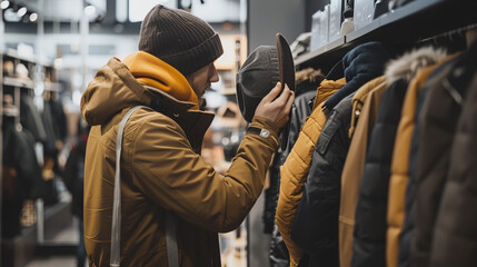 Naklejka premium Man Shopping for Winter Jackets and Hats in Trendy Outerwear Store