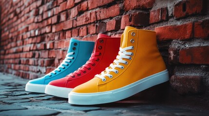 Modern high-top sneakers in bold colors, displayed against a brick wall, blending street style and contemporary footwear trends.