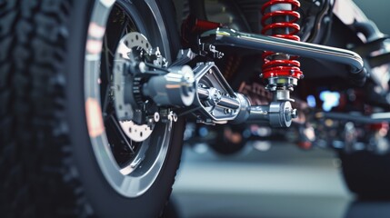 Fototapeta premium A detailed view of the rear mountain bike suspension, highlighting the intricate engineering and red coil spring against a blurred background of the workshop.