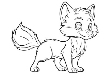 Smiling cartoon wolf drawing png with big eyes, line art wolf, suitable for childrens books and merchandise featuring cute animal characters in playful settings, coloring pages, coloring book.