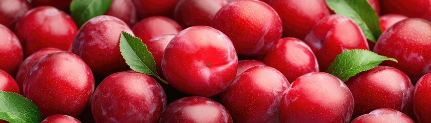 Fresh red plums with green leaves, vibrant and juicy fruit background. Perfect for healthy eating and organic food concepts.