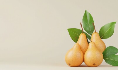 Fresh ripe pears with green leaves on a light background. Perfect for promoting healthy eating and natural food products.