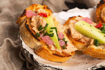 Sandwich with cod liver. Healthy food concept. Food recipe background. Close up