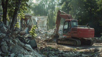 Fototapeta premium A lone excavator amidst the ruins of a demolished building, surrounded by lush greenery, reflecting the juxtaposition of destruction and nature reclaiming space.