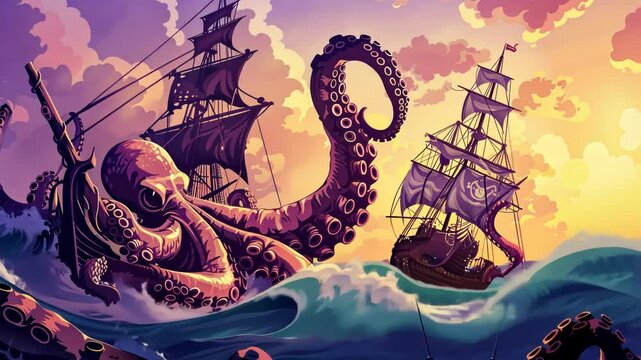 A cartoon illustration of a battle between a giant octopus and a pirate ship in a sea landscape