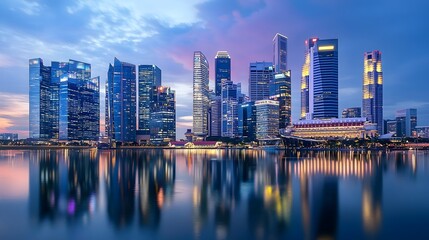 Naklejka premium Glowing City Skyline Reflected on Calm River at Dusk,Urban Serenity