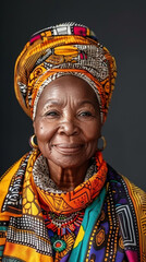 Fototapeta premium Elderly Woman in Traditional Colorful African Attire with Headwrap and Accessories