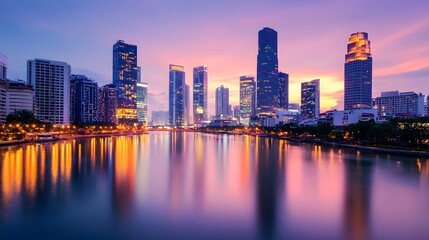 Naklejka premium Glowing City Skyline Reflecting on Serene River at Dusk