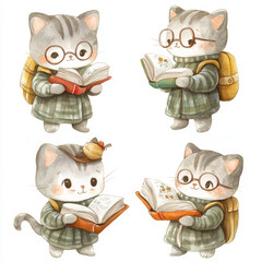 Fototapeta premium Four cute kittens in glasses and plaid outfits, each holding a book, in different poses