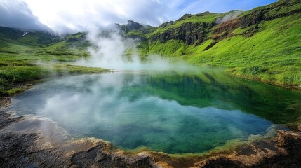 Serene Geothermal Pools: Nature's Contrast of Steam and Lush Greenery