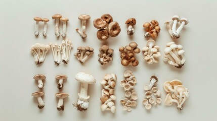 Naklejka premium An aesthetic flat lay of various mushrooms arranged in neat rows, showcasing different types, shapes, and textures against a neutral background.