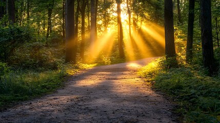 Fototapeta premium Radiant Golden Hour Sunbeams Illuminating Peaceful Forest Path Landscape