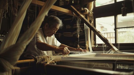 An elderly man deeply focused on weaving at a traditional loom in a dimly lit room, representing dedication and cultural heritage.