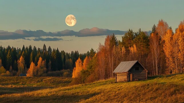A serene autumn evening landscape featuring a glowing harvest moon and a sunlit cabin, set against a tranquil backdrop of warm fall colors. 