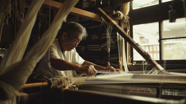 An elderly man deeply focused on weaving at a traditional loom in a dimly lit room, representing dedication and cultural heritage.