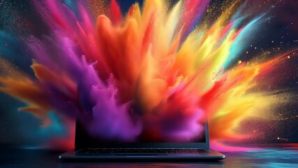 Laptop with colorful explosion of powder, vibrant