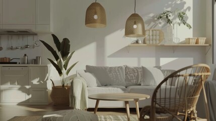 Light and airy living room with neutral-toned furniture, cozy seating area, and wicker accents creating a warm, inviting atmosphere.