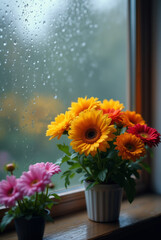 Fototapeta premium Blühende Blumen vor einem Fenster bei Regen