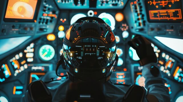 A futuristic astronaut in a high-tech cockpit surrounded by illuminated controls prepares for space travel, exuding a sense of adventure and innovation.