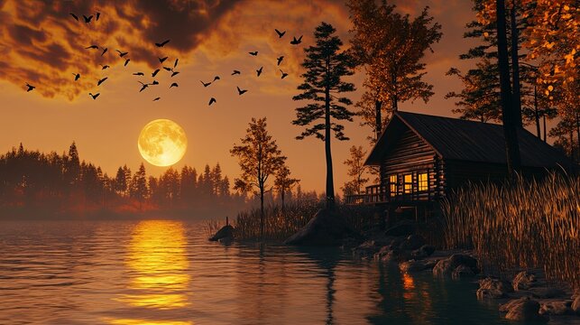 A serene autumn evening landscape featuring a glowing harvest moon and a sunlit cabin, set against a tranquil backdrop of warm fall colors. 