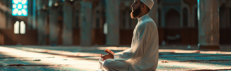 Man Praying in Mosque - Serene Moment of Reflection and Spiritual Connection