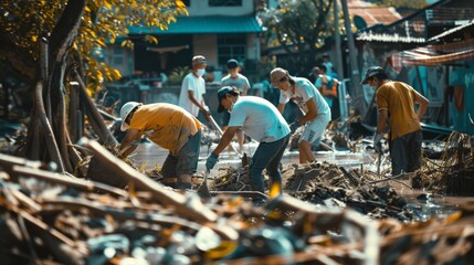People work together amidst debris and muddy water, rebuilding their community after a natural disaster's devastation.