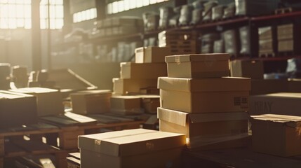 A warm, dusty warehouse is bathed in soft sunlight, with stacks of cardboard boxes creating a maze-like aesthetic of order and preparation.
