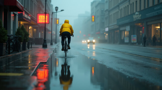 Einsamer Radfahrer in einer regnerischen Stadt