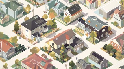 Fototapeta premium A vibrant illustration of a suburban neighborhood, featuring neatly arranged houses with distinctive designs and tree-lined streets, evoking a sense of community.