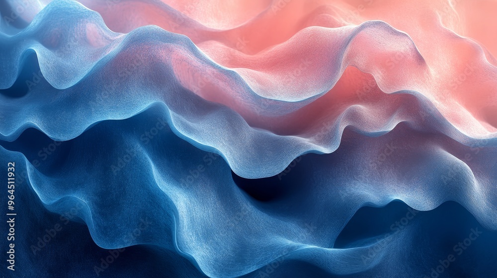 Poster the image is a colorful abstract of waves with blue and pink tones