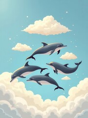 Obraz premium A whimsical illustration featuring four dolphins swimming in the sky among soft clouds, creating a playful and dreamlike scene blending marine life with sky elements.