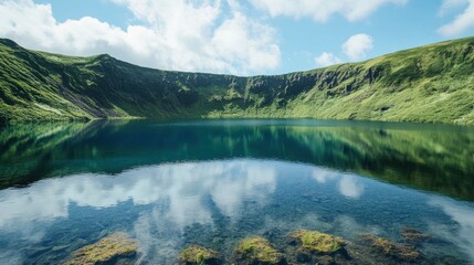 Serene Crater Lake Enveloped by Verdant Hills Reflecting the Clear Blue Sky Above