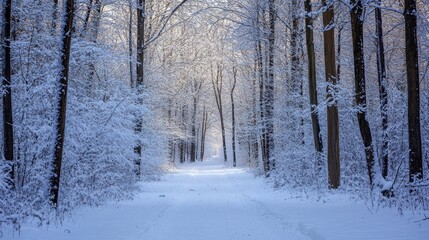 Fototapeta premium Serene Winter Stroll in Snow-Covered Forest - Tranquil Nature Trail with Glistening White Trees and Crisp Winter Scenery
