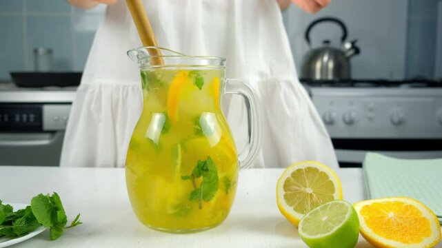 Woman preparing homemade lemonade mixing citrus fruit with water in jug using masher stick. Cooking mixing herb mint, orange, lime, lemon on kitchen at home. Recipe cuisine culinary ingredient.