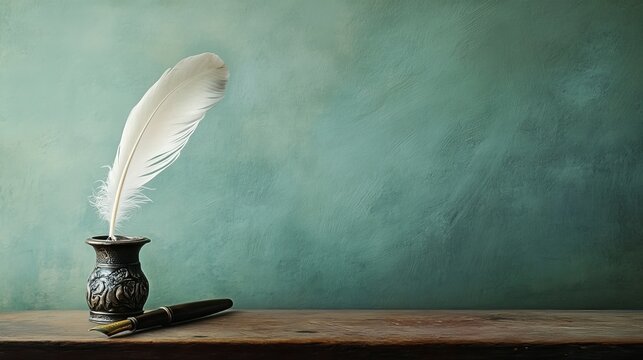 Sepia-toned quill pen and ornate inkwell rest upon an antique wooden table. The background wall, a muted gradient of mint green, evokes a sense of nostalgia and faded elegance. 