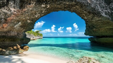 Fototapeta premium Serene Natural Bridge Over Turquoise Bay with White Sandy Beach