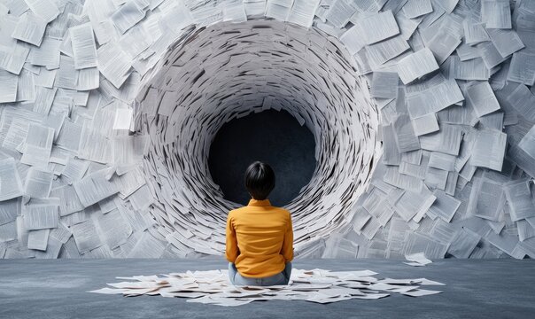 Person sitting in front of a vortex-like tunnel of scattered papers, symbolizing overwhelming information or creative process.