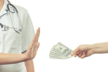 Hand of doctor with dollars. Refusing corruption, paying for health care or examination