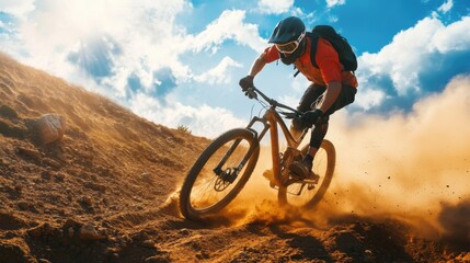 Naklejka premium Mountain biker speeding down a rugged trail, dust flying behind them