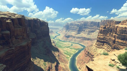 Panoramic view of a deep canyon with a winding river far below, cliffs towering on either side