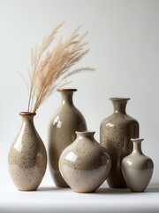 A collection of art pottery vases in various earthy tones are displayed upright against a pure white minimalist background, showcasing their elegant forms and understated beauty.