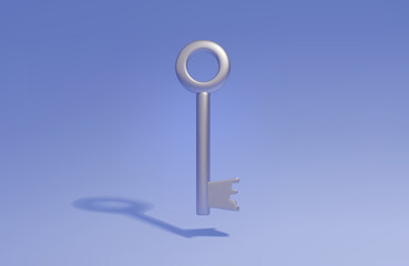 3D realistic rendering of a silver key with a falling shadow. The isolated background is blue. Vector illustration EPS 10