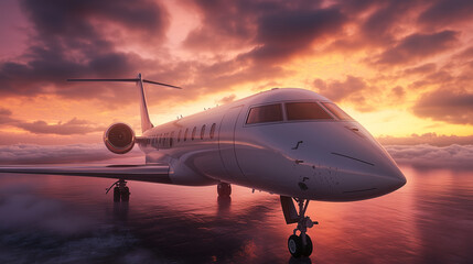 Obraz premium High-End Aviation Experience with Exclusive Private Jet, Golden Hour Lighting, and Elegant Seating for a Posh and Sophisticated Journey
