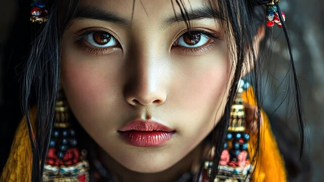 Artistic ethnic portrait of a Mongolian girl, using a mix of natural and studio lighting to create a dramatic effect, with a focus on her cultural attire