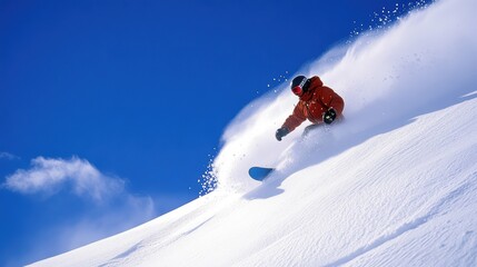 Extreme Winter Sports Adventure - Snowboarder Carving Through Fresh Snow on Steep Mountain with Blue Sky Background