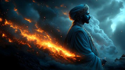 A majestic figure in traditional attire, surrounded by dramatic clouds and fiery elements.